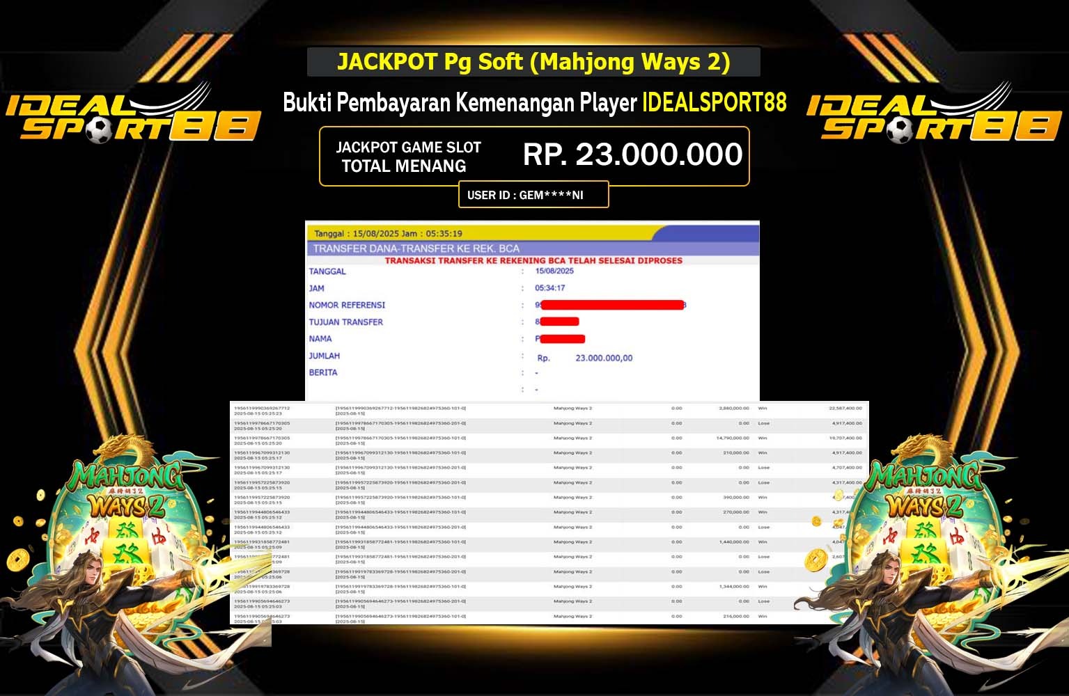 IDEALSPORT88 JACKPOT Pg Soft (Mahjong Ways 2) Rp.23.000.000,- LUNAS