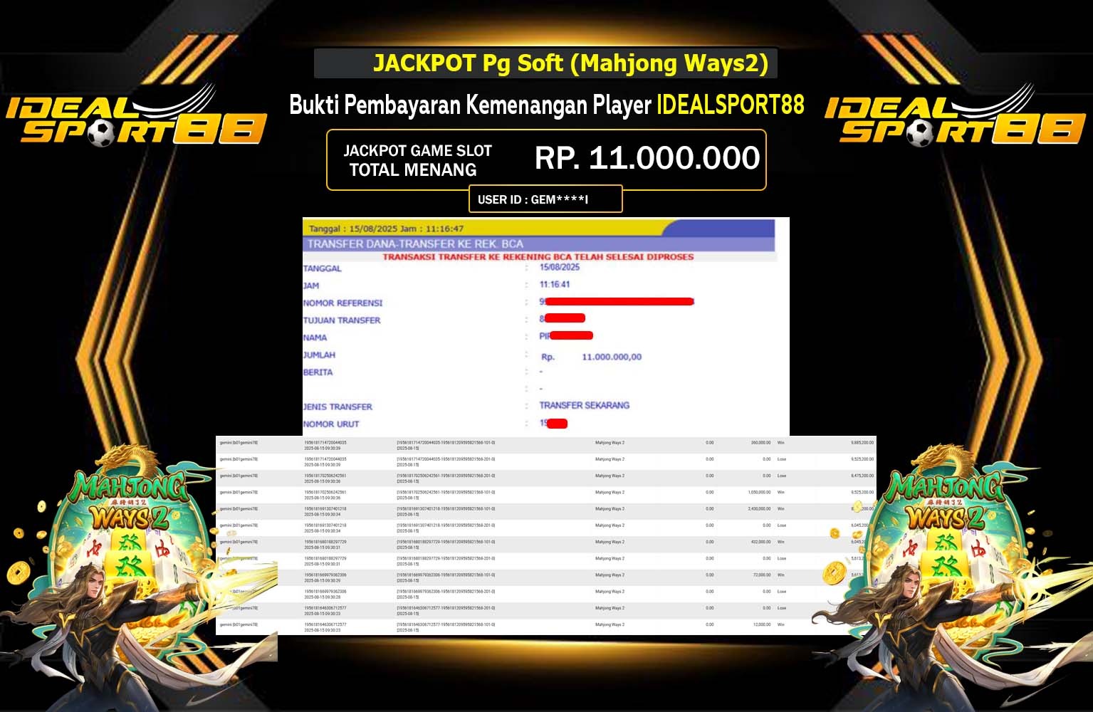 IDEALSPORT88 JACKPOT Pg Soft (Mahjong Ways 2) Rp.11.000.000,- LUNAS