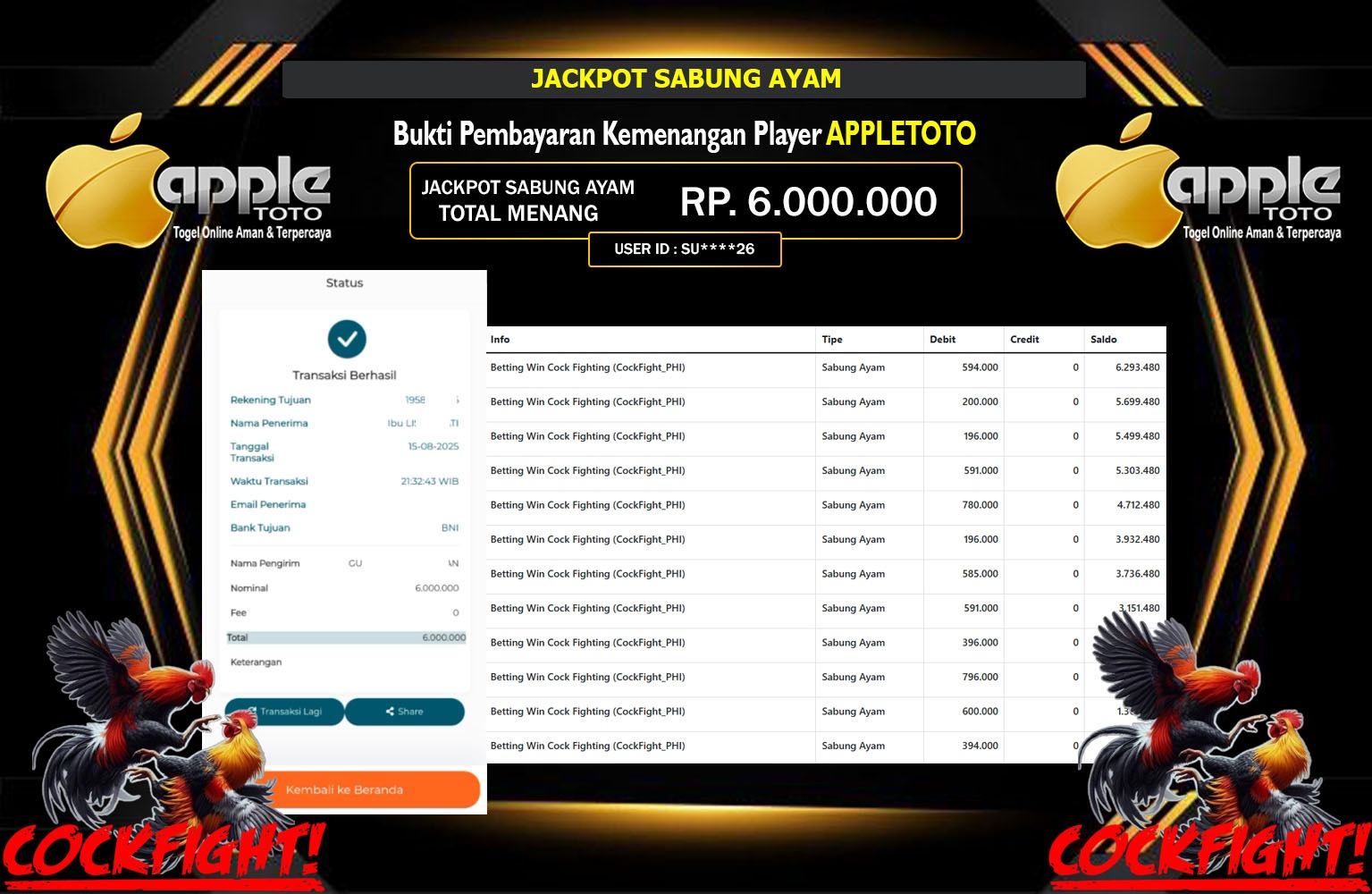 APPLETOTO JACKPOT SABUNG AYAM Rp.6.000.000,- LUNAS