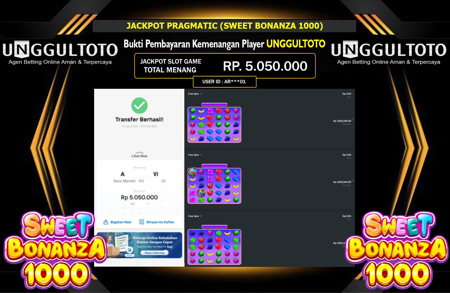 UNGGULTOTO JACKPOT PRAGMATIC (SWEEET BONANZA 1000)  Rp.5.050.000,- LUNAS