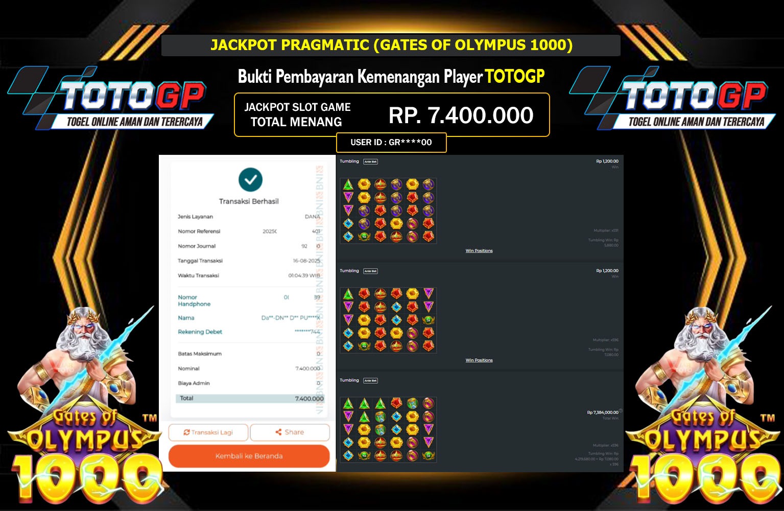 TOTOGP JACKPOT PRAGMATIC (GATES OF OLYMPUS 1000)  Rp.7.400.000,- LUNAS