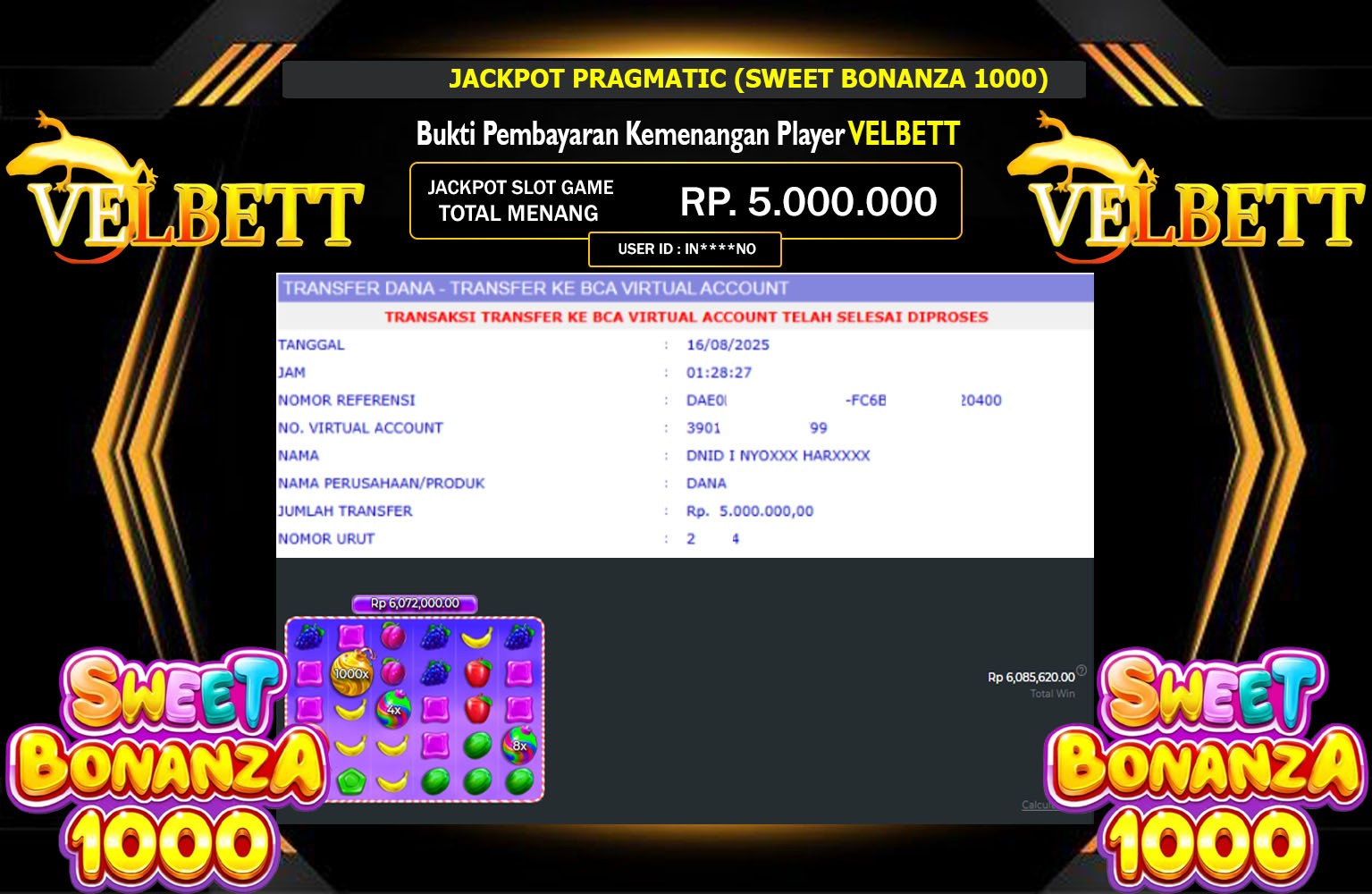 VELBETT JACKPOT PRAGMATIC (SWEET BONANZA 1000)  Rp.5.000.000,- LUNAS