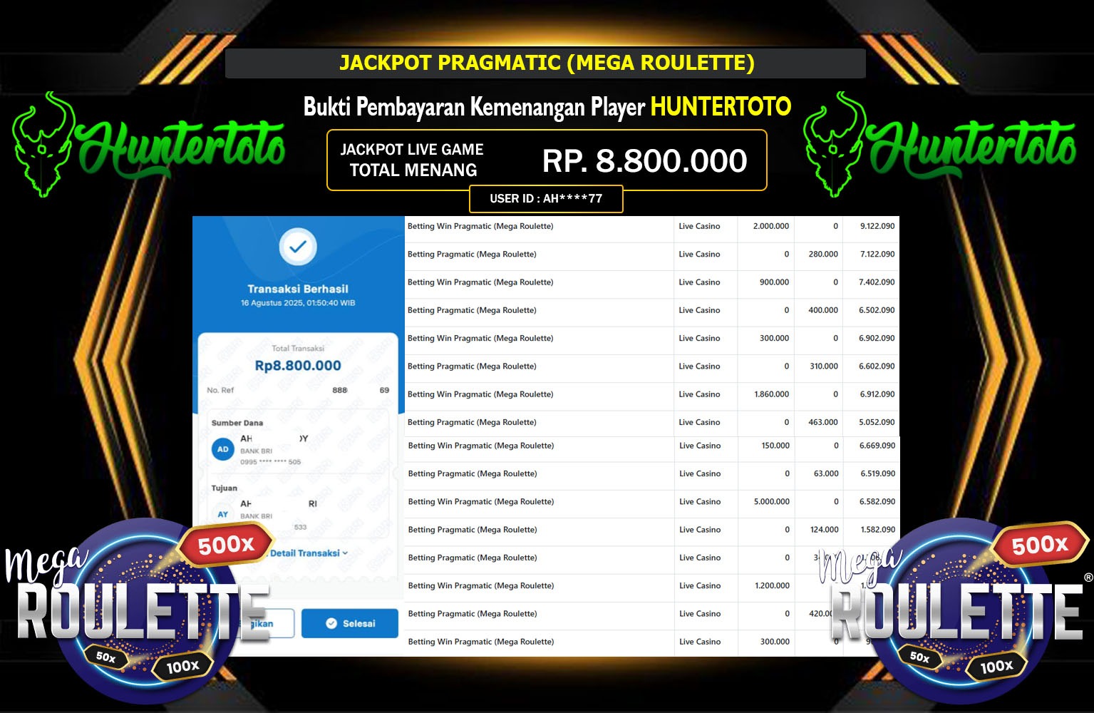 HUNTERTOTO JACKPOT PRAGMATIC (MEGA ROULETTE)  Rp.8.800.000,- LUNAS
