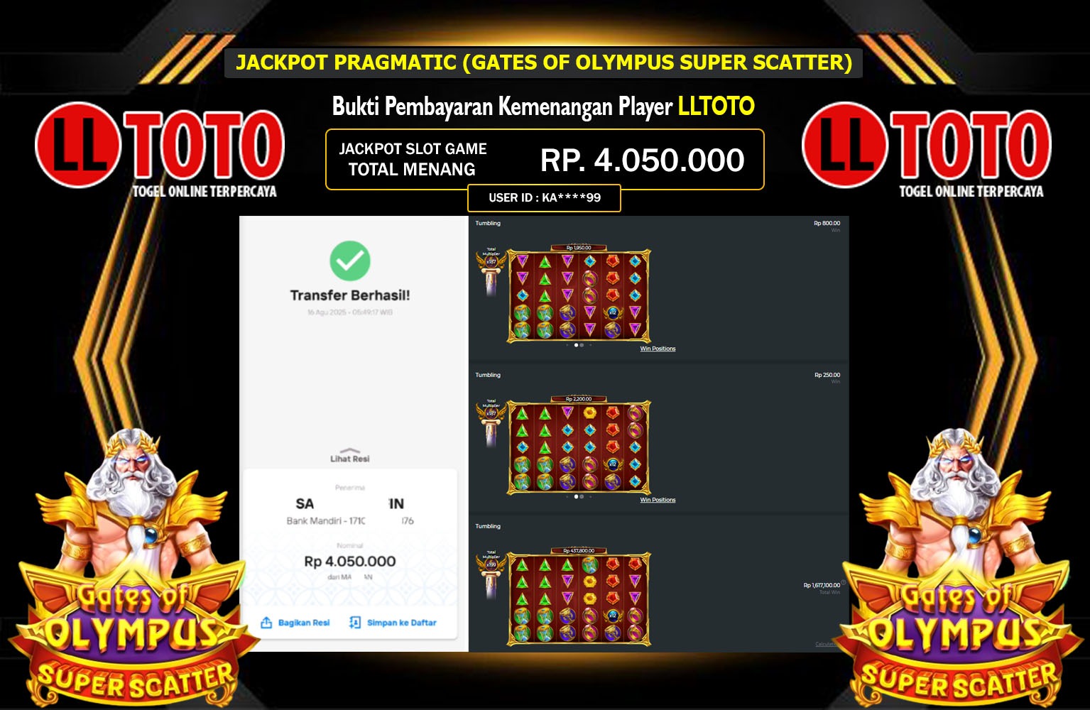 LLTOTO JACKPOT PRAGMATIC (GATES OF OLYMPUS SUPER SCATTER)  Rp.4.050.000,- LUNAS