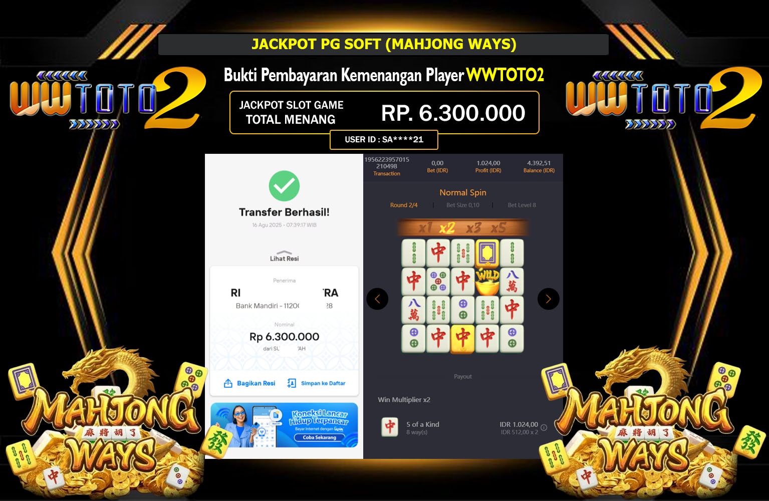 WWTOTO2 JACKPOT PG SOFT (MAHJONG WAYS)  Rp.6.300.000,- LUNAS