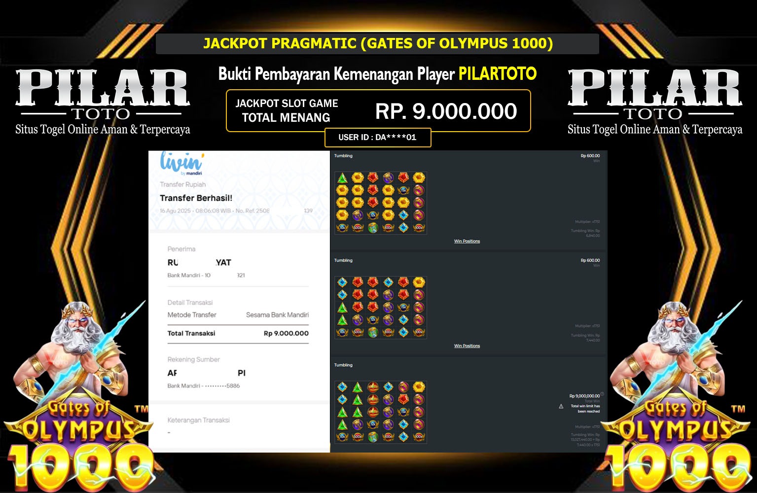 PILARTOTO JACKPOT PRAGMATIC (GATES OF OLYMPUS 1000)  Rp.9.000.000,- LUNAS