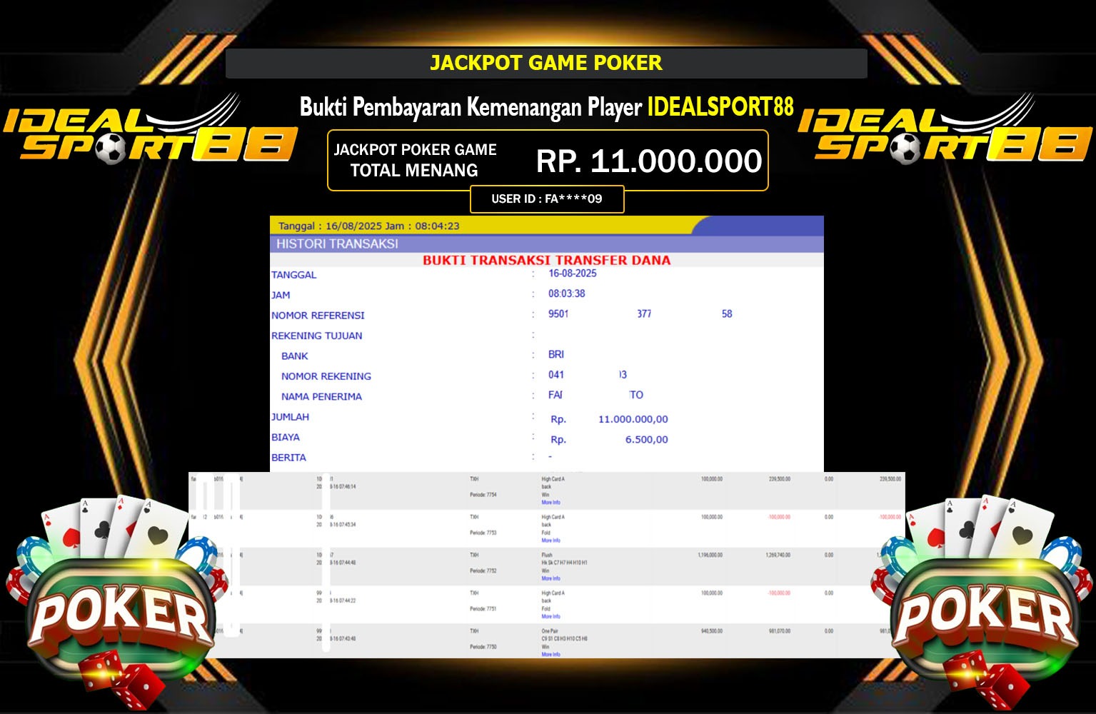 IDEALSPORT88 JACKPOT POKER GAME  Rp.11.000.000,- LUNAS