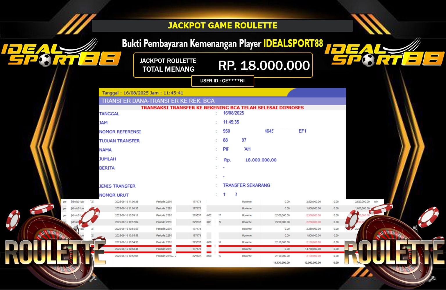 IDEALSPORT88 JACKPOT GAME ROULETTE Rp.18.000.000,- LUNAS