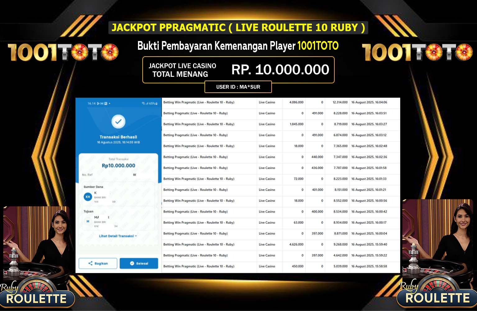 1001toto JACKPOT PRAGMATIC (LIVE ROULETTE 10 RUBY) Rp.10.000.000,- LUNAS