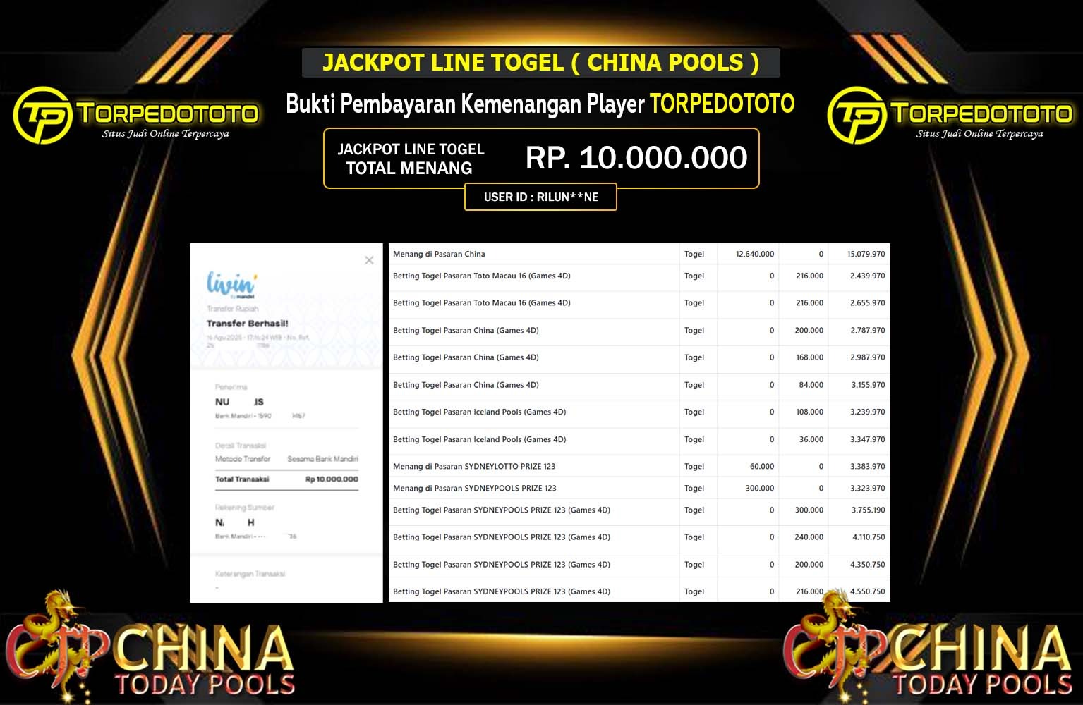 TORPEDOTOTO JACKPOT LINE TOGEL (SINGAPORE POOLS) Rp.10.000.000,- LUNAS