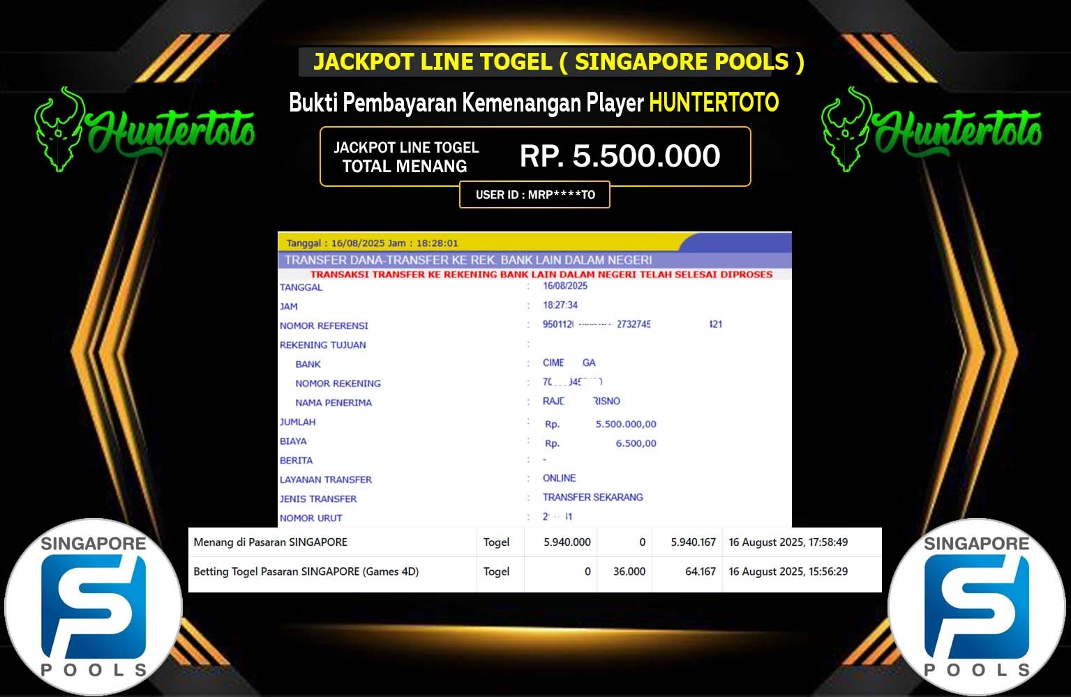 HUNTERTOTO JACKPOT LINE TOGEL (SINGAPORE POOLS) Rp.5.500.000,- LUNAS