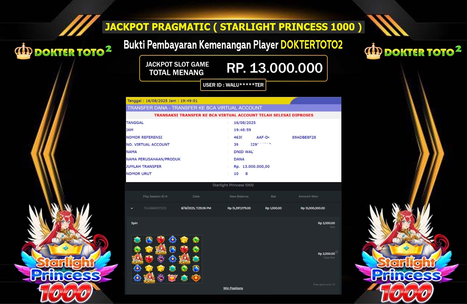 DOKTERTOTO2 JACKPOT PRAGMATIC (STARLIGHT PRINCESS 1000) Rp.13.000.000,- LUNAS