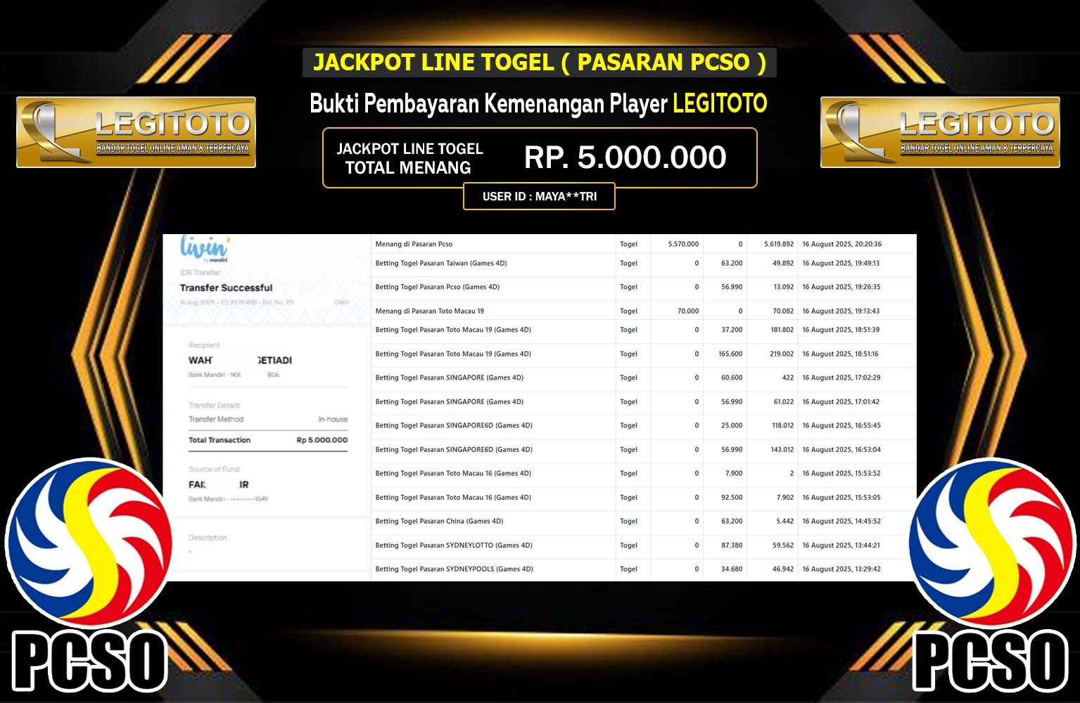 LEGITOTO JACKPOT LINE TOGEL (PASARAN PCSO) Rp.5.000.000,- LUNAS