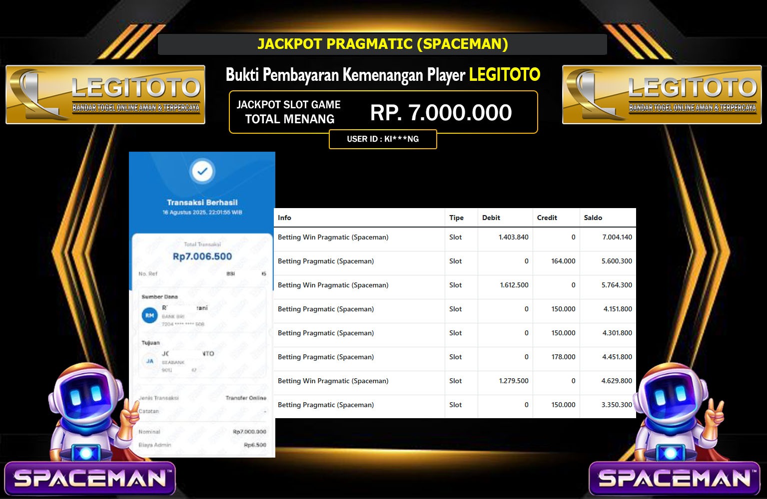 LEGITOTO JACKPOT PRAGMATIC (SPACEMAN) Rp.7.000.000,- LUNAS