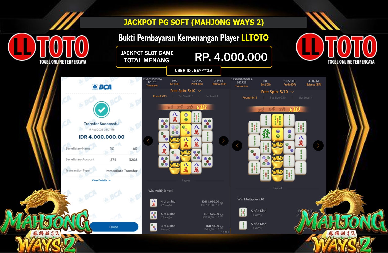 LLTOTO JACKPOT PG SOFT (MAHJONG WAYS 2) Rp.4.000.000,- LUNAS