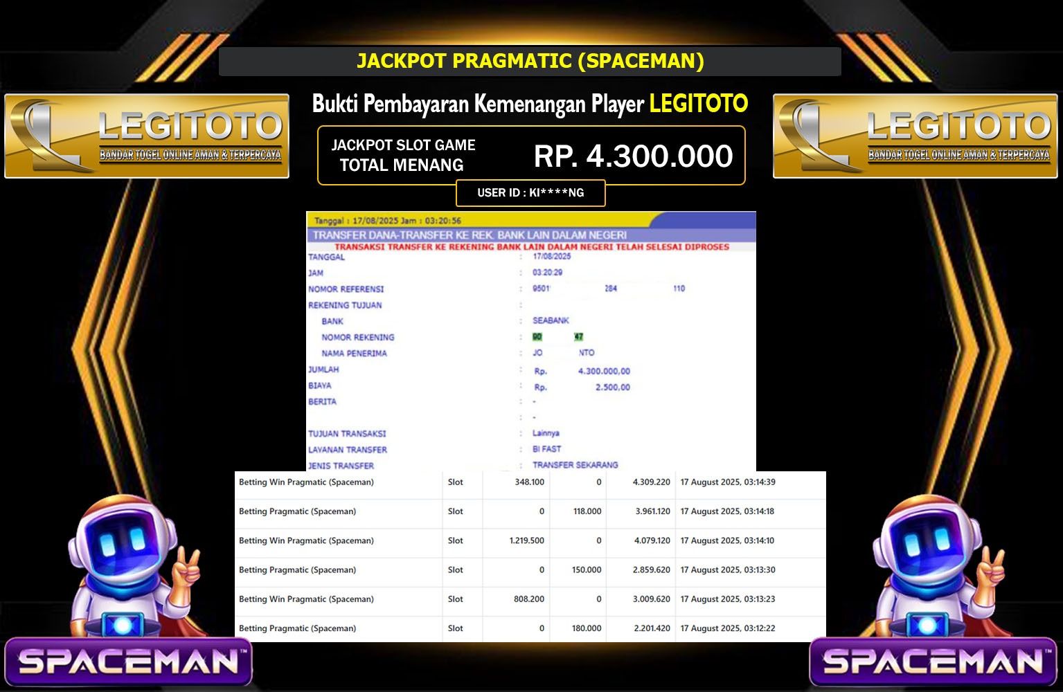 LEGITOTO JACKPOT PRAGMATIC (SPACEMAN) Rp.4.300.000,- LUNAS