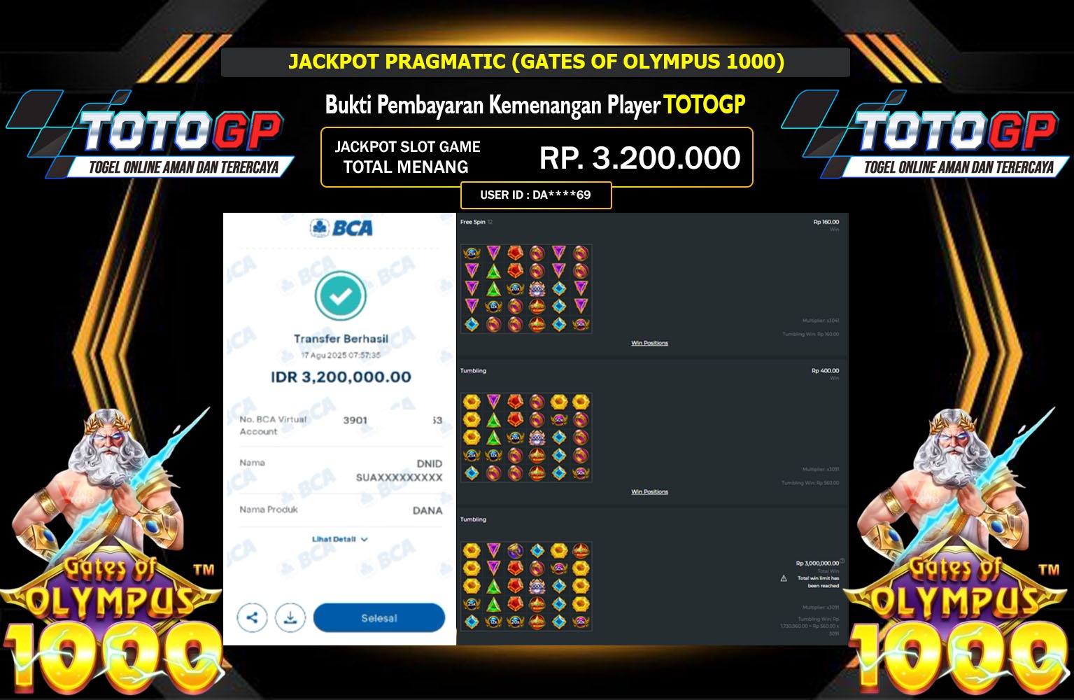 TOTOGP JACKPOT PRAGMATIC (GATES OF OLYMPUS 1000) Rp.3.200.000,- LUNAS