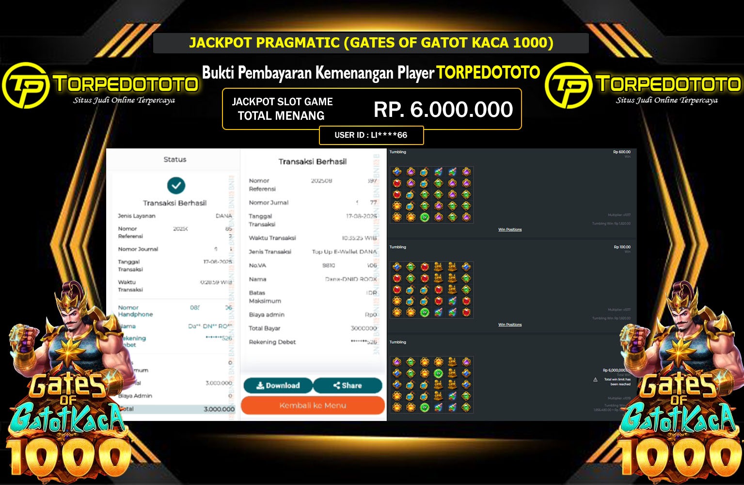 TORPEDOTOTO JACKPOT PRAGMATIC (GATES OF GATOT KACA) Rp.6.000.000,- LUNAS