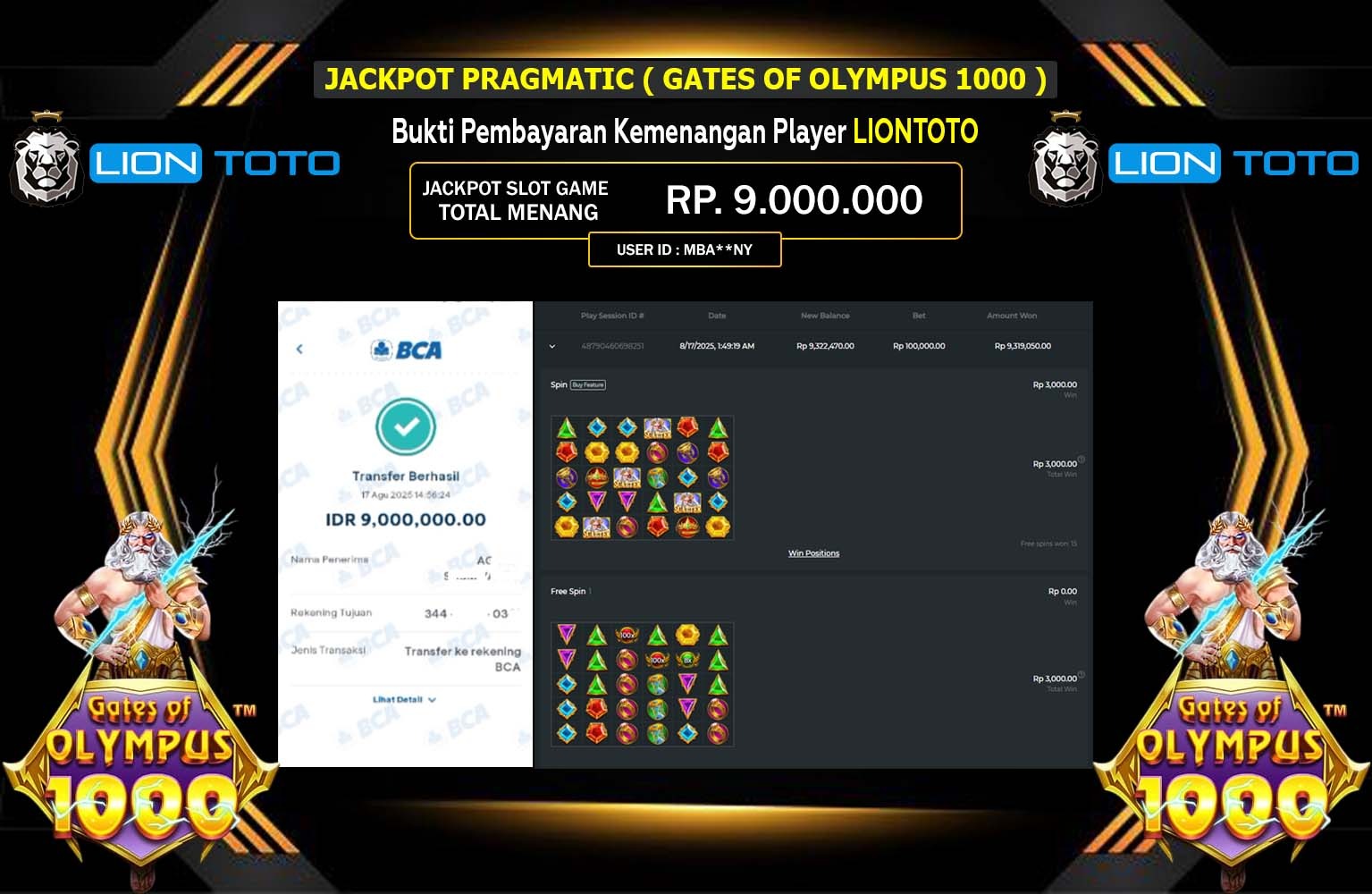 LIONTOTO JACKPOT PRAGMATIC (GATES OF OLYMPUS 1000) Rp.9.000.000,- LUNAS