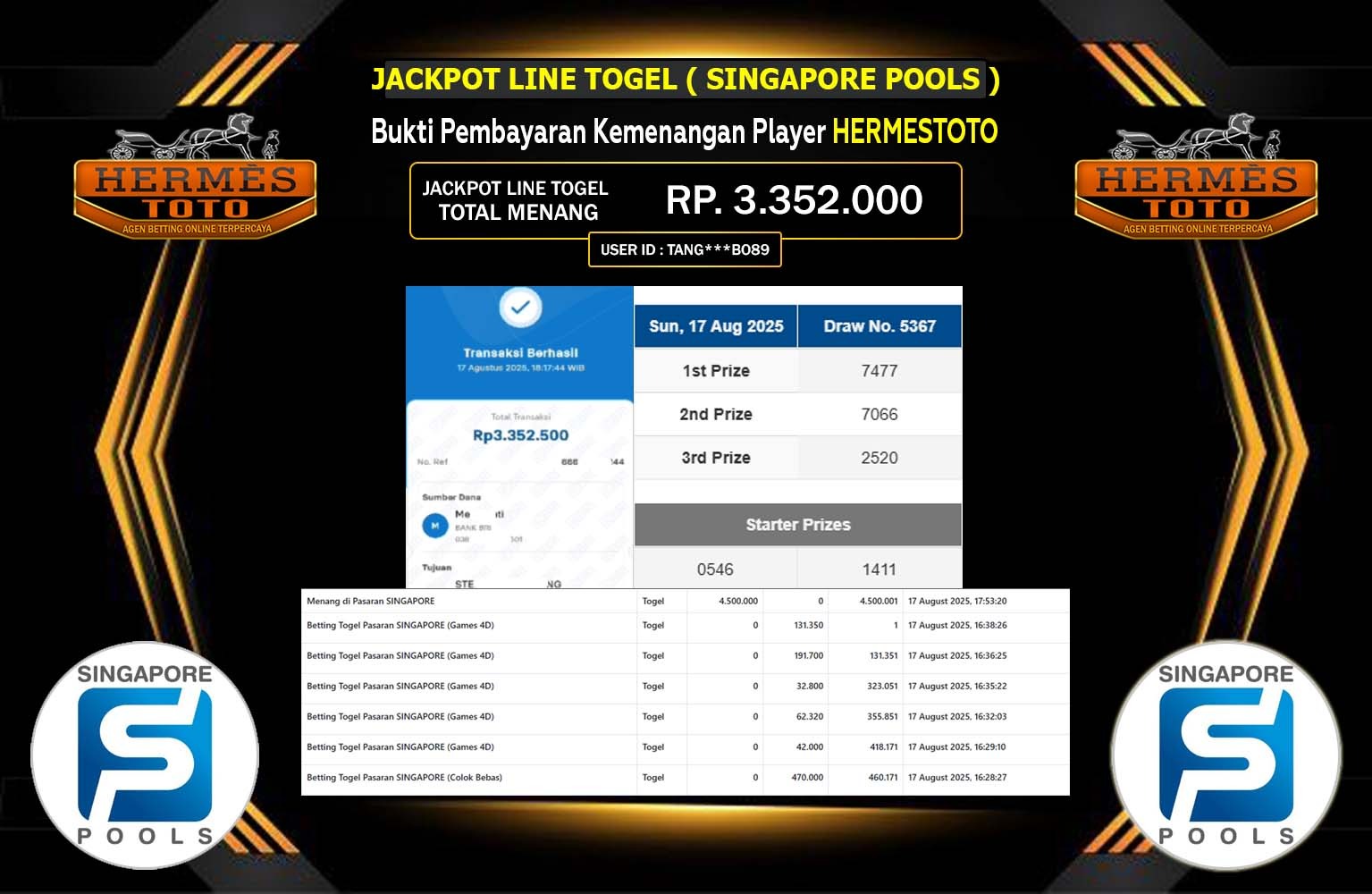 HERMESTOTO JACKPOT LINE TOGEL (SINGAPORE POOLS) Rp.3.352.000,- LUNAS