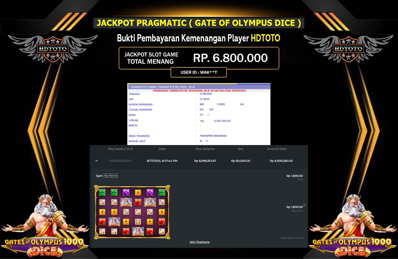 HDTOTO JACKPOT PRAGMATIC (GATES OF OLYMPUS 1000 DICE) Rp.6.800.000,- LUNAS