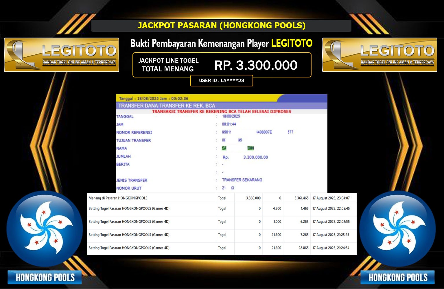 LEGITOTO JACKPOT PASARAN (HONGKONG POOLS) Rp.3.300.000,- LUNAS