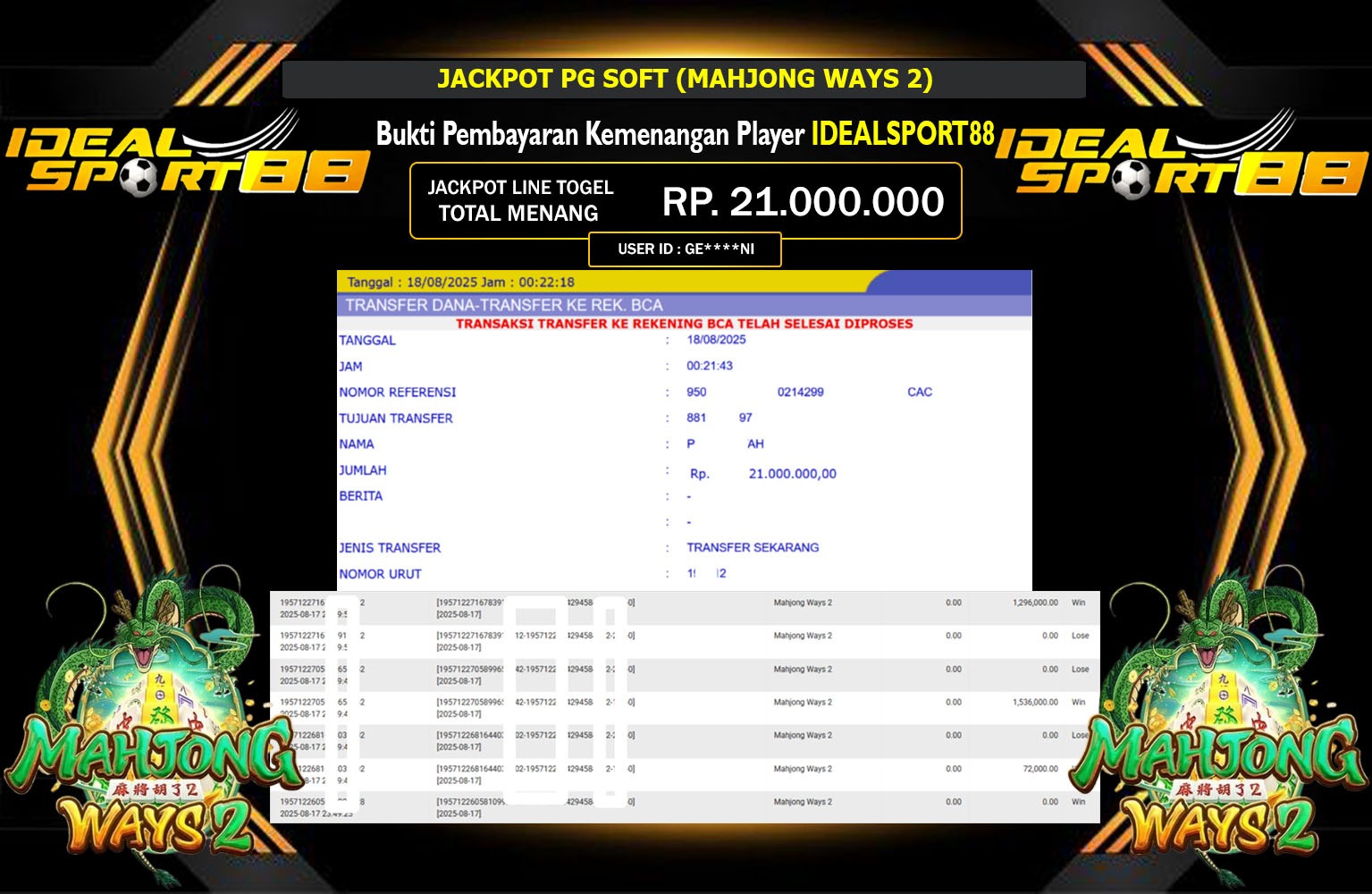 IDEALSPORT88 JACKPOT PG SOFT (MAHJONG WAYS 2) Rp.21.000.000,- LUNAS