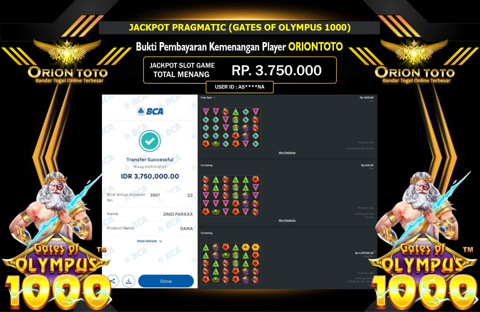 ORIONTOTO JACKPOT PRAGMATIC (GATES OF OLYMPUS 1000) Rp.3.750.000,- LUNAS
