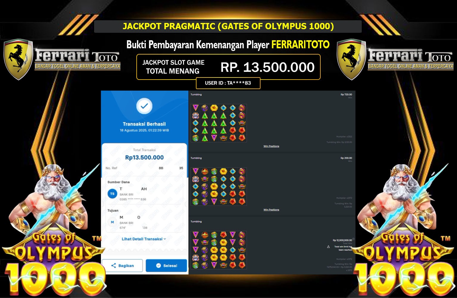 FERRARITOTO JACKPOT PRAGMATIC (GATES OF OLYMPUS 1000) Rp.13.500.000,- LUNAS