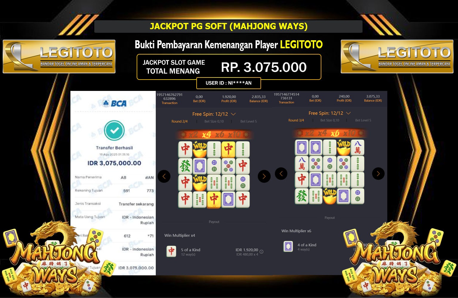 LEGITOTO JACKPOT PG SOFT (MAHJONG WAYS) Rp.3.075.000,- LUNAS