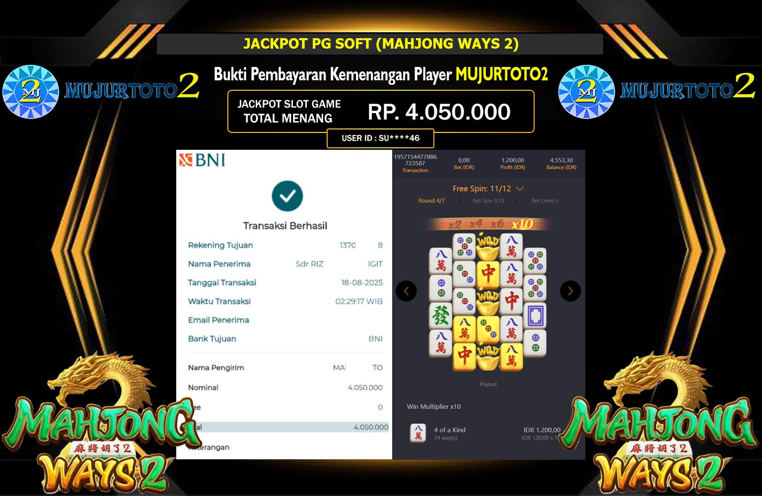 MUJURTOTO2 JACKPOT PG SOFT (MAHJONG WAYS 2) Rp.4.050.000,- LUNAS