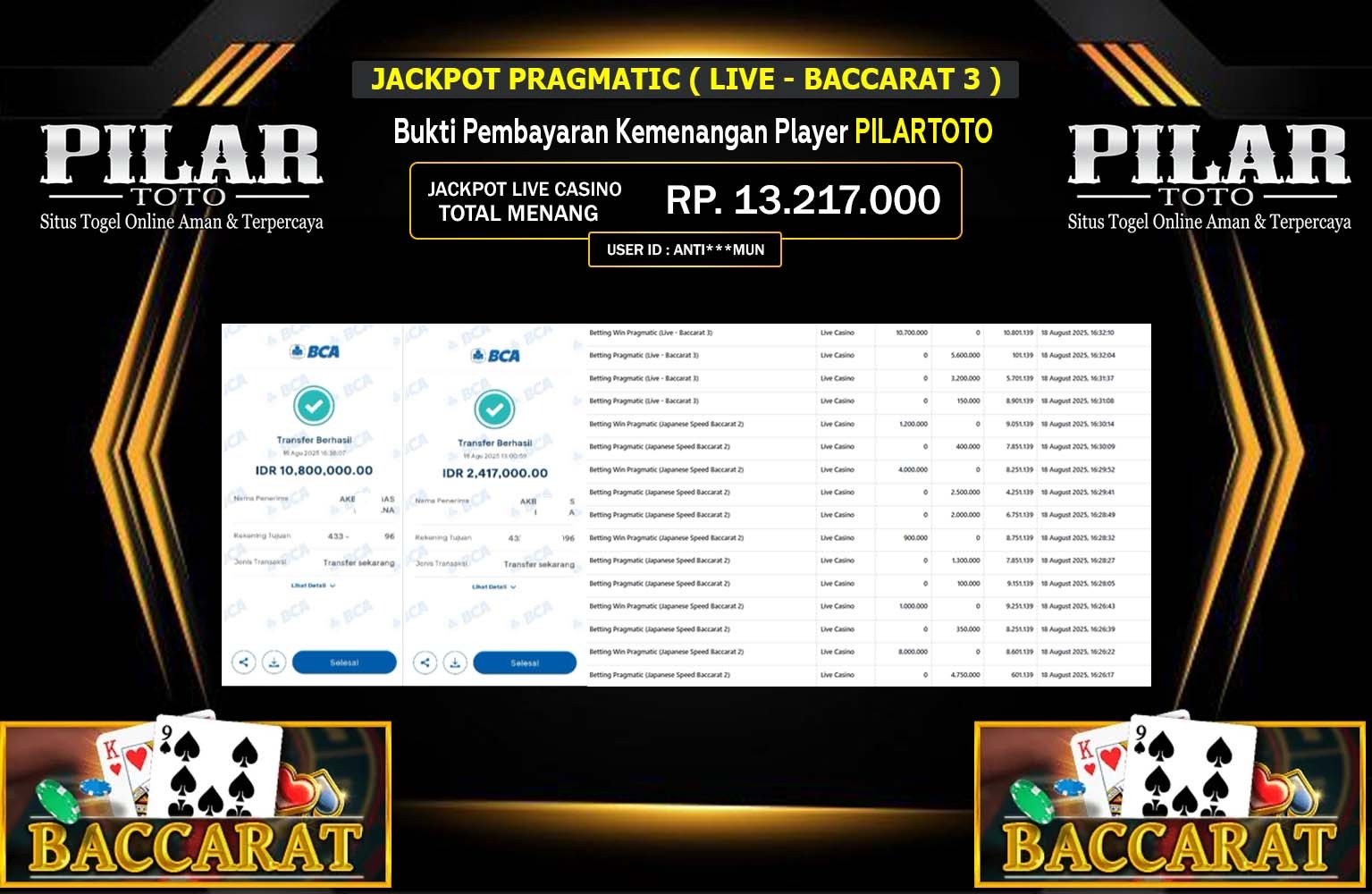 PILARTOTO JACKPOT PRAGMATIC (LIVE BACCARAT 3) Rp.13.217.000,- LUNAS