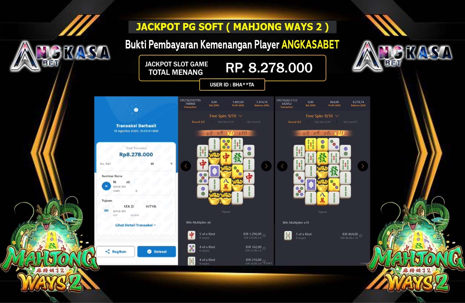 ANGKASABET JACKPOT PG SOFT (MAHJONG WAYS 2) Rp.8.278.000,- LUNAS