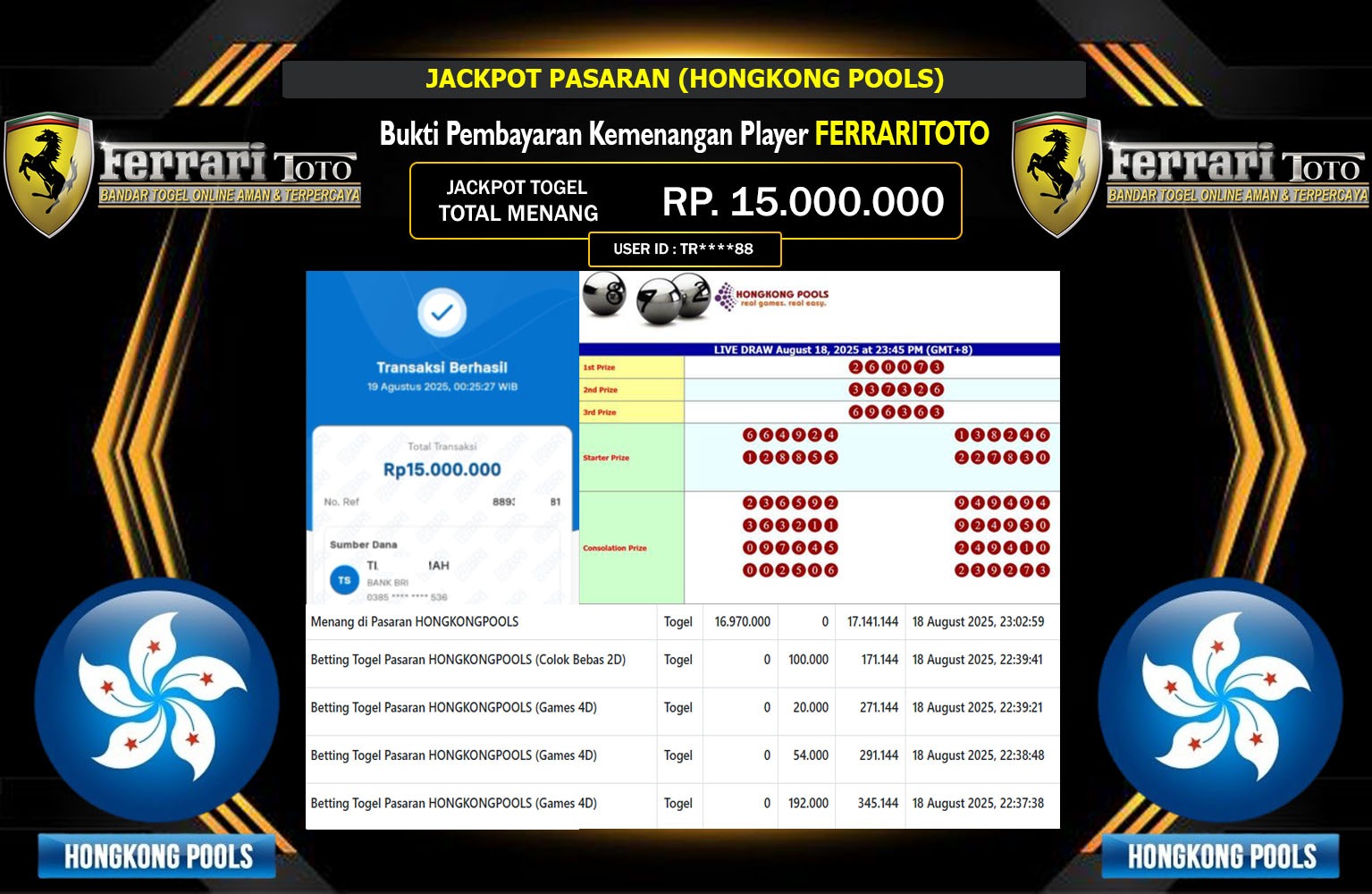 FERRARITOTO JACKPOT PASARAN (HONGKONG POOLS) Rp.15.000.000,- LUNAS