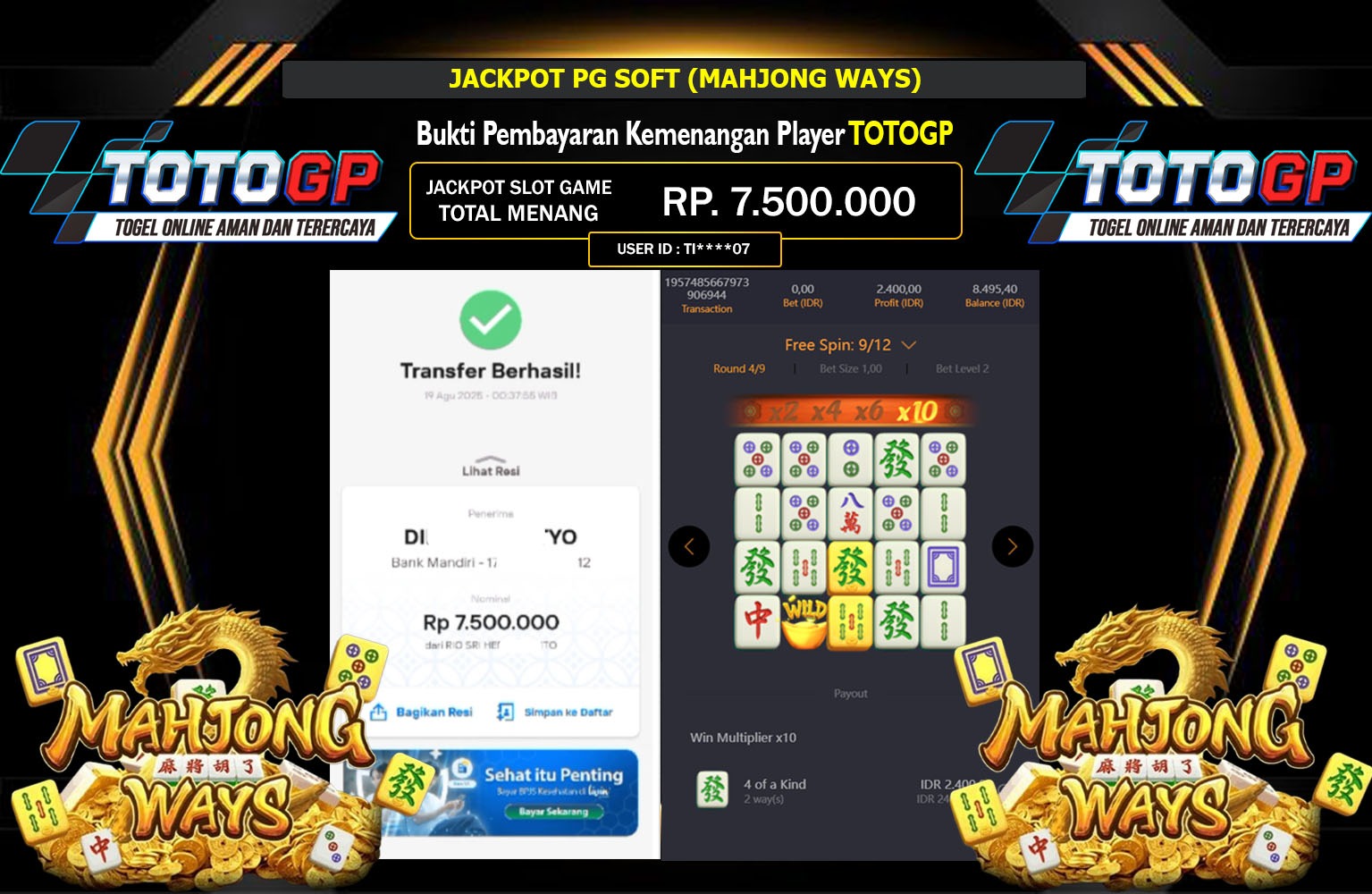 TOTOGP JACKPOT PG SOFT (MAHJONG WAYS) Rp.7.500.000,- LUNAS