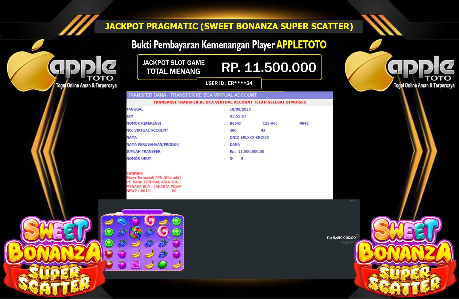 APPLETOTO JACKPOT PRAGMATIC (SWEET BONANZA SUPER SCATTER) Rp.11.500.000,- LUNAS