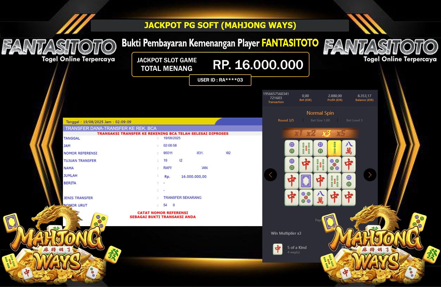 FANTASITOTO JACKPOT PG SOFT (MAHJONG WAYS) Rp.16.000.000,- LUNAS