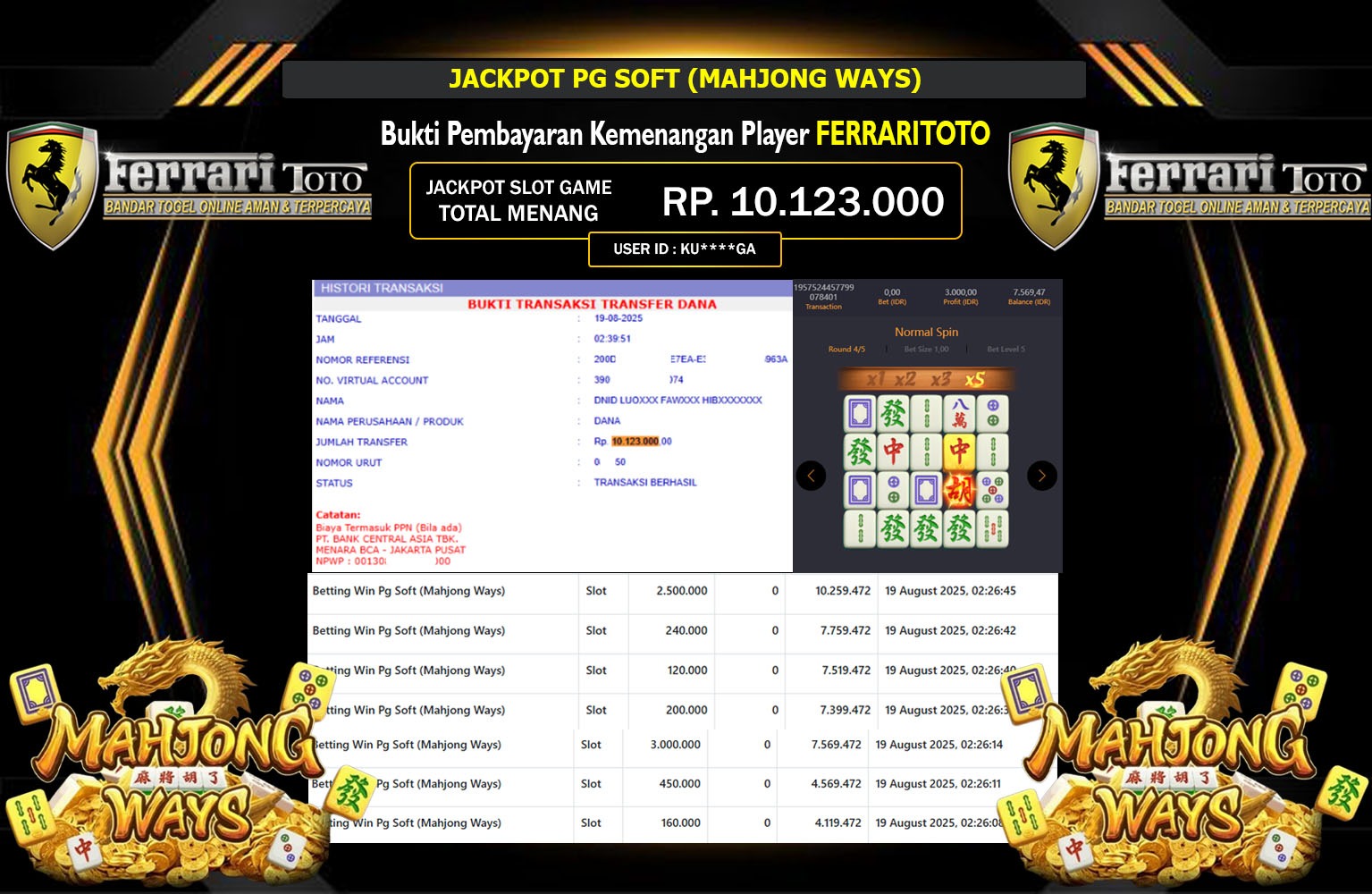 FERRARITOTO JACKPOT PG SOFT (MAHJONG WAYS) Rp.10.123.000,- LUNAS