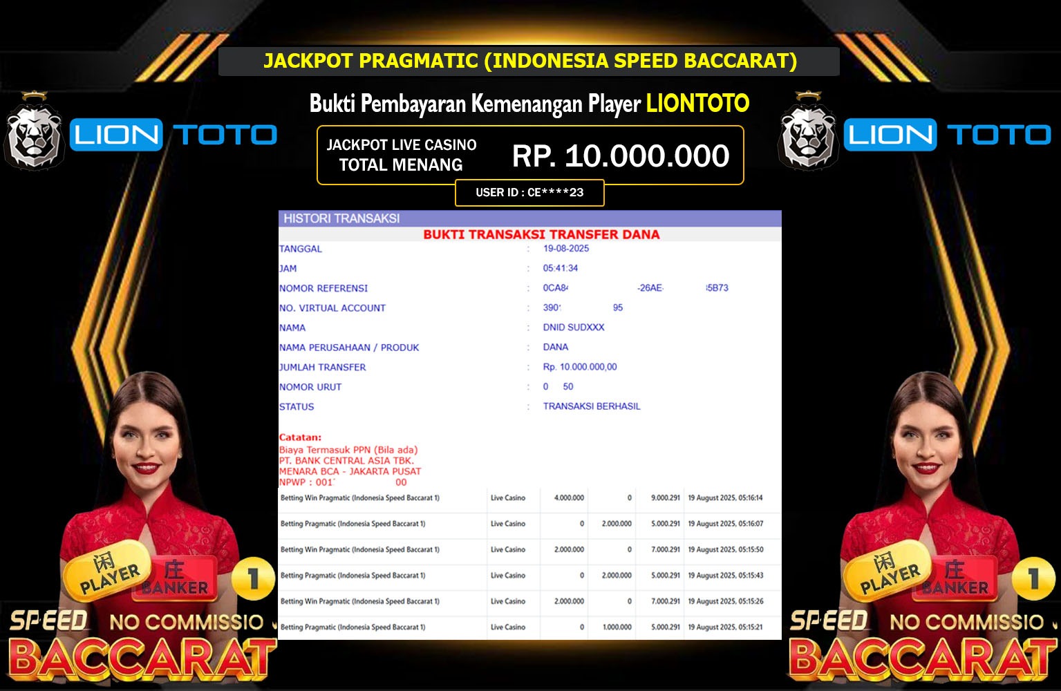 LIONTOTO JACKPOT PRAGMATIC (INDONESIA SPEED BACCARAT) Rp.10.000.000,- LUNAS
