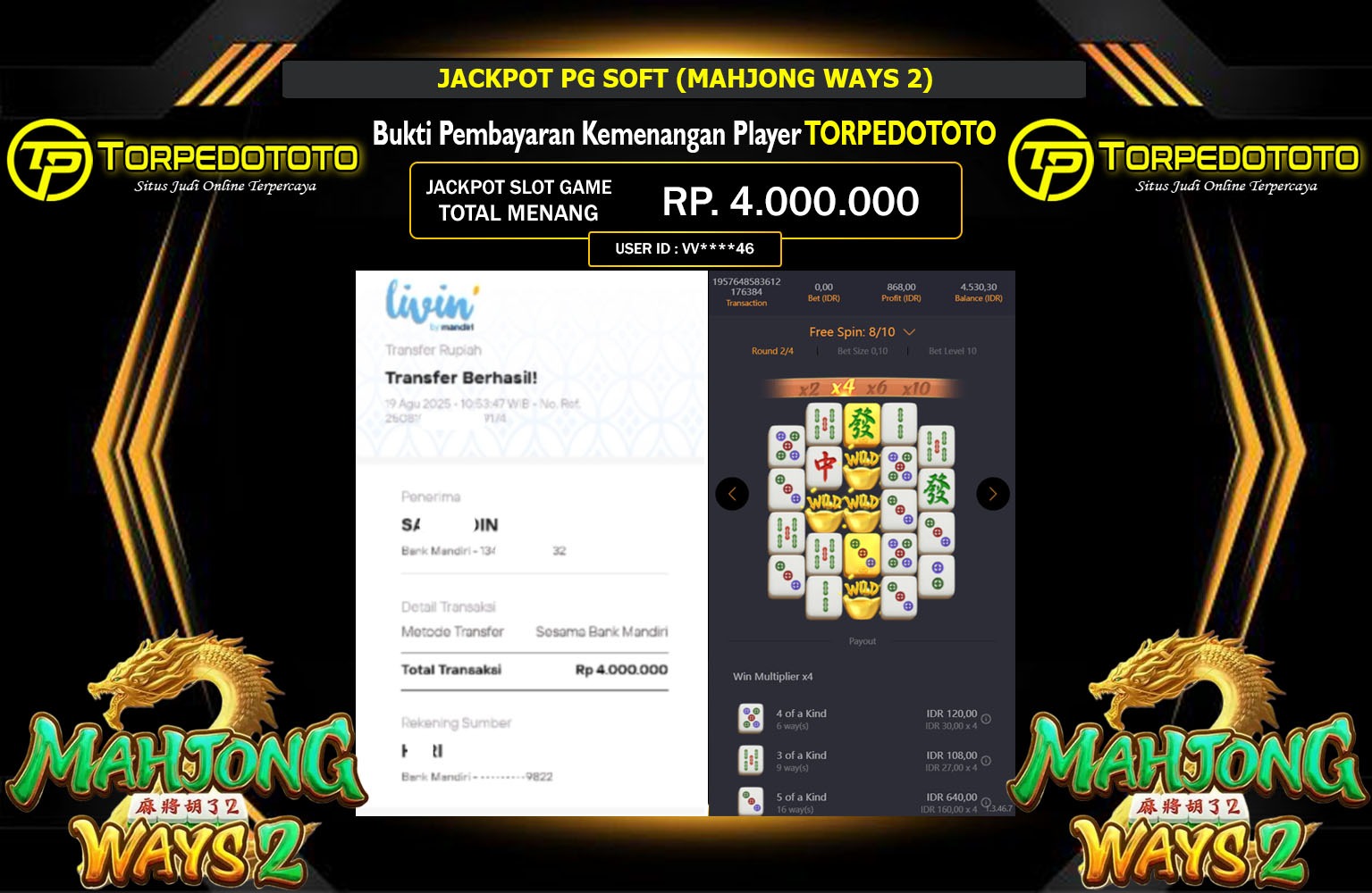 TORPEDOTOTO JACKPOT PG SOFT (MAHJONG WAYS 2) Rp.4.000.000,- LUNAS