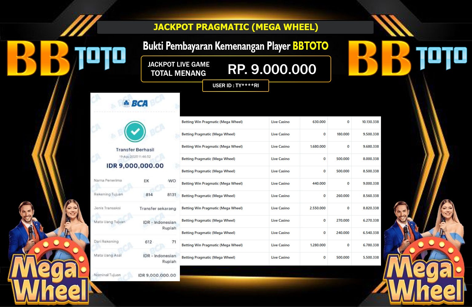 BBTOTO JACKPOT PRAGMATIC (MEGA WHEEL) Rp.9.000.000,- LUNAS