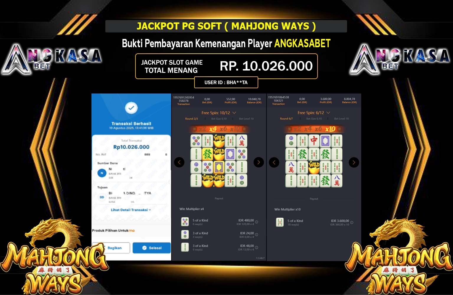 ANGKASABET JACKPOT PG SOFT (Mahjong Ways) Rp.10.026.000,- LUNAS