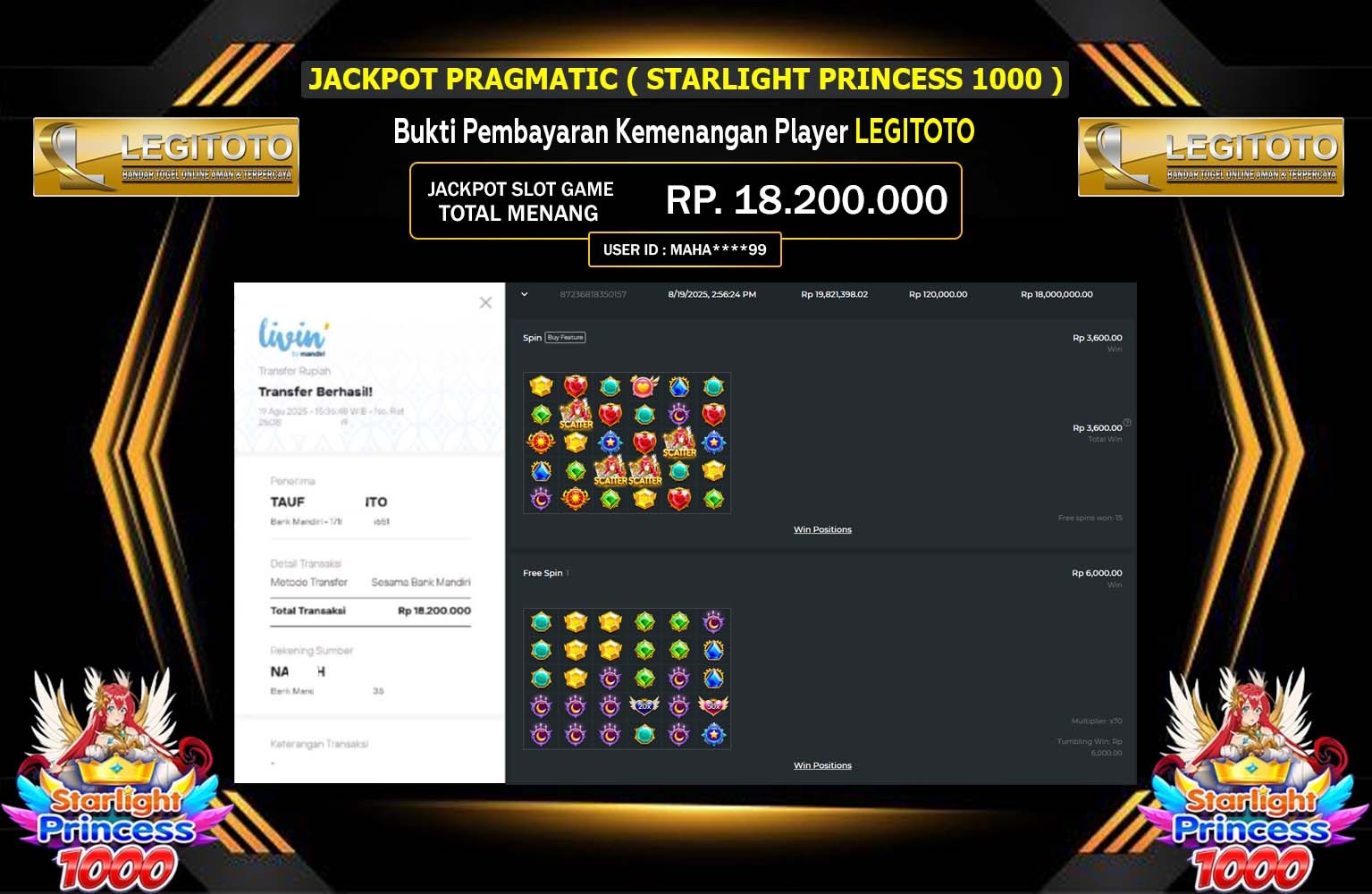 LEGITOTO JACKPOT PRAGMATIC (Starlight Princess 1000) Rp.18.200.000,- LUNAS