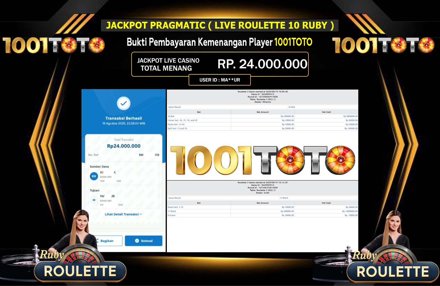 1001TOTO JACKPOT PRAGMATIC (Live - Roulette 10 - Ruby) Rp.24.000.000,- LUNAS