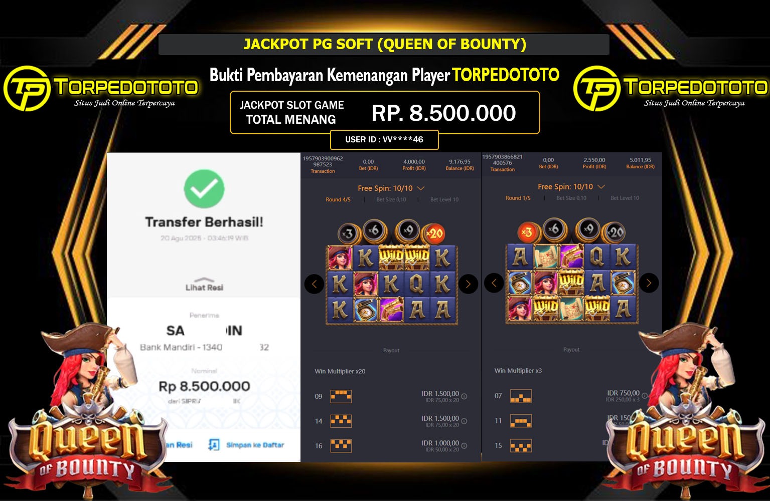 TORPEDOTOTO JACKPOT PG SOFT (QUEEN OF BOUNTY) Rp.8.500.000,- LUNAS