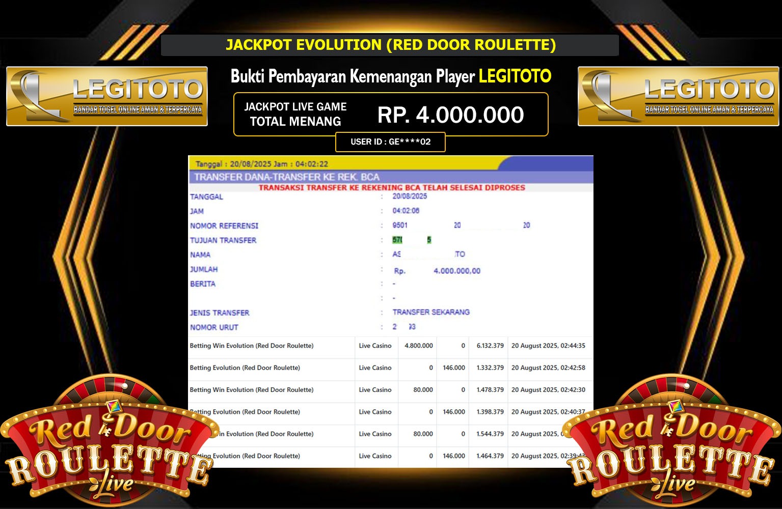 LEGITOTO JACKPOT EVOLUTION (RED DOOR ROULETTE) Rp.4.000.000,- LUNAS