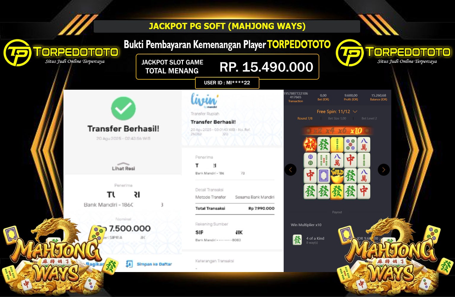 TORPEDOTOTO JACKPOT PG SOFT (MAHJONG WAYS) Rp.15.490.000,- LUNAS