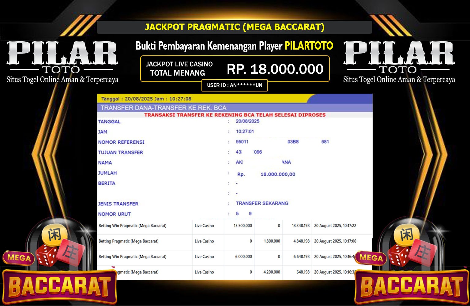 PILARTOTO JACKPOT PRAGMATIC (MEGA BACCARAT) Rp.18.000.000,- LUNAS