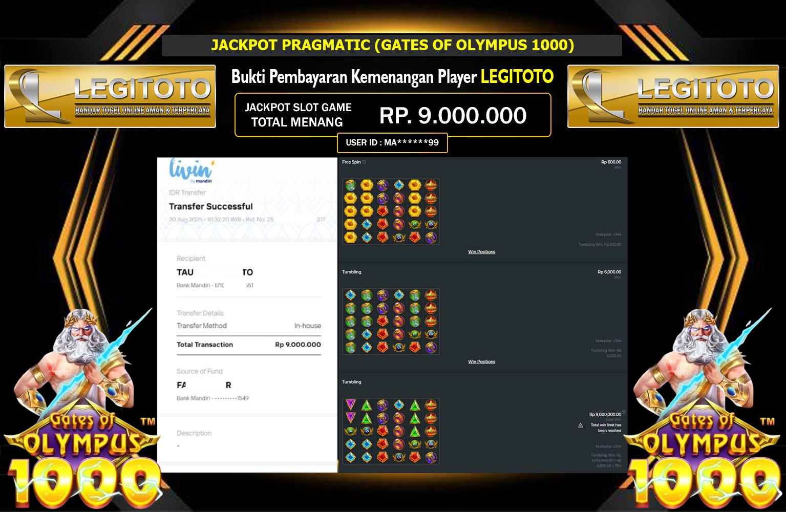 LEGITOTO JACKPOT PRAGMATIC (GATES OF OLYMPUS 1000) Rp.9.000.000,- LUNAS