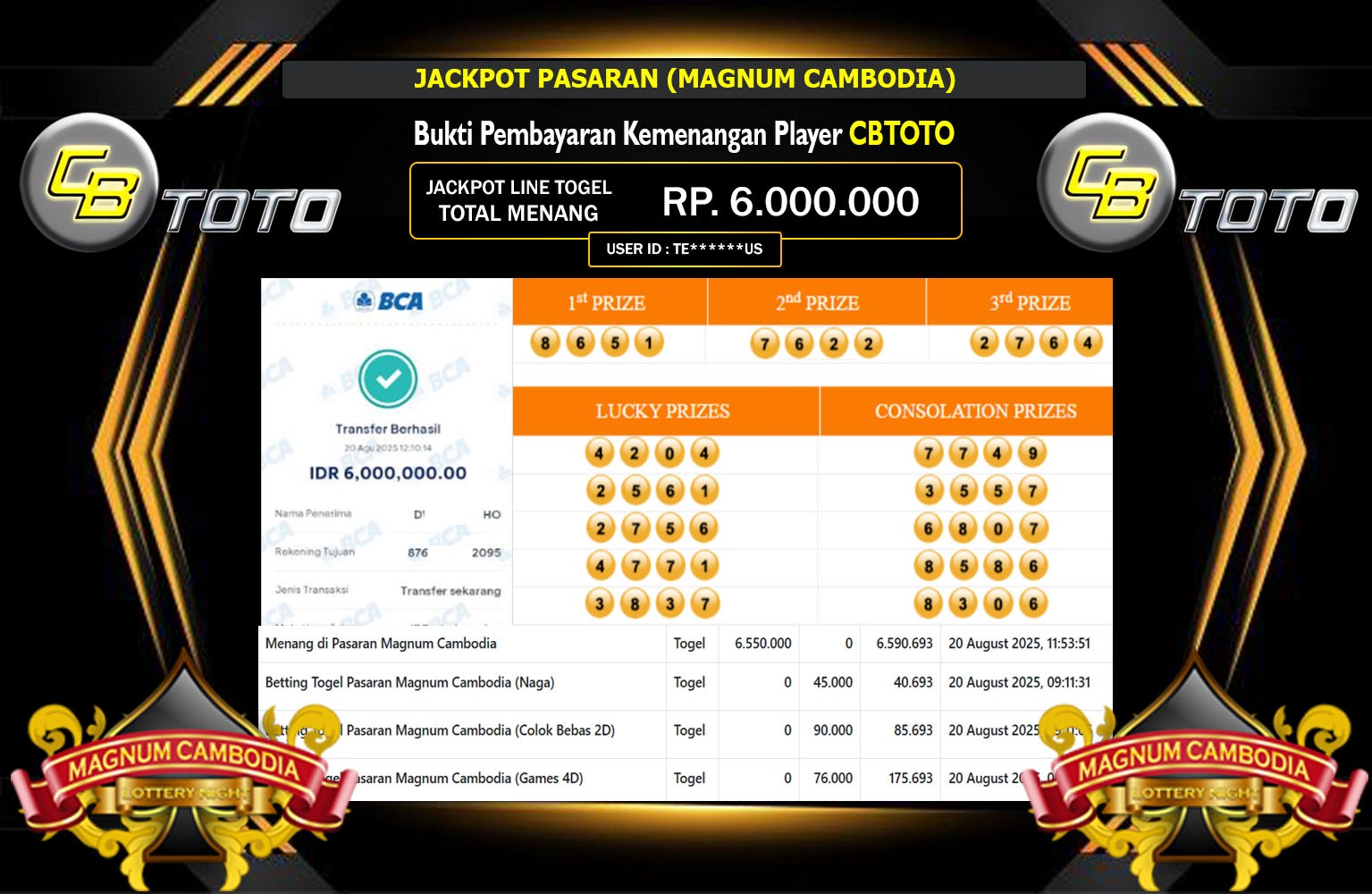 CBTOTO JACKPOT PASARAN (MAGNUM CAMBODIA) Rp.6.000.000,- LUNAS